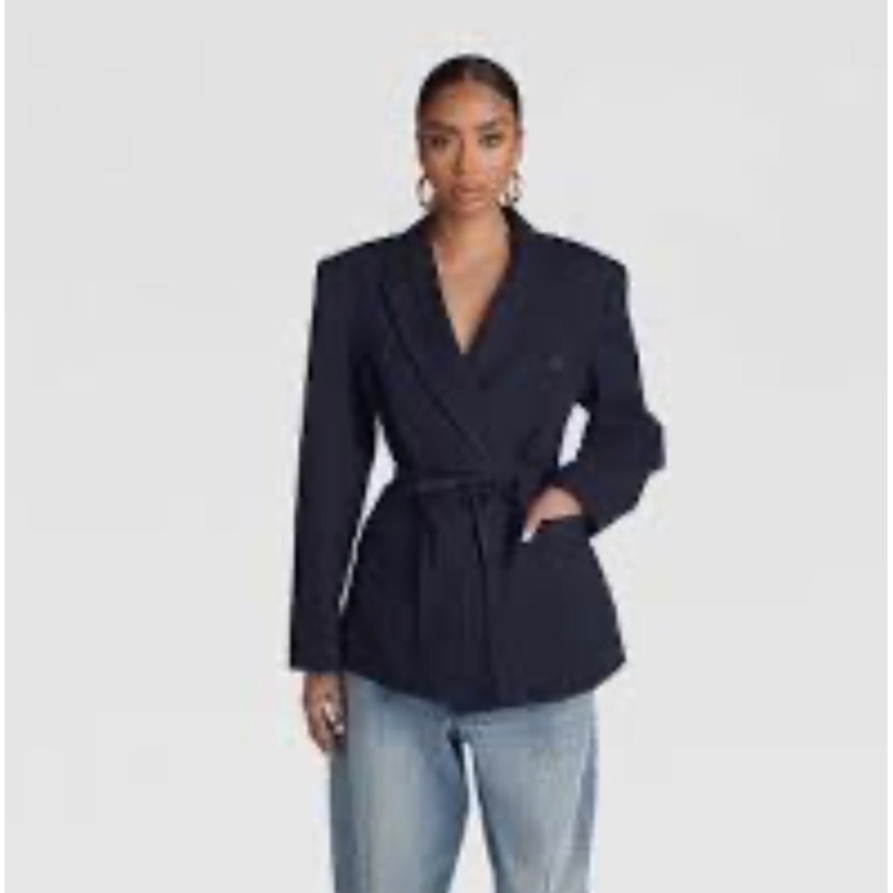 KBB by Kahlana Barfield Brown Navy Blue Belted Double Breasted Blazer XL NWT